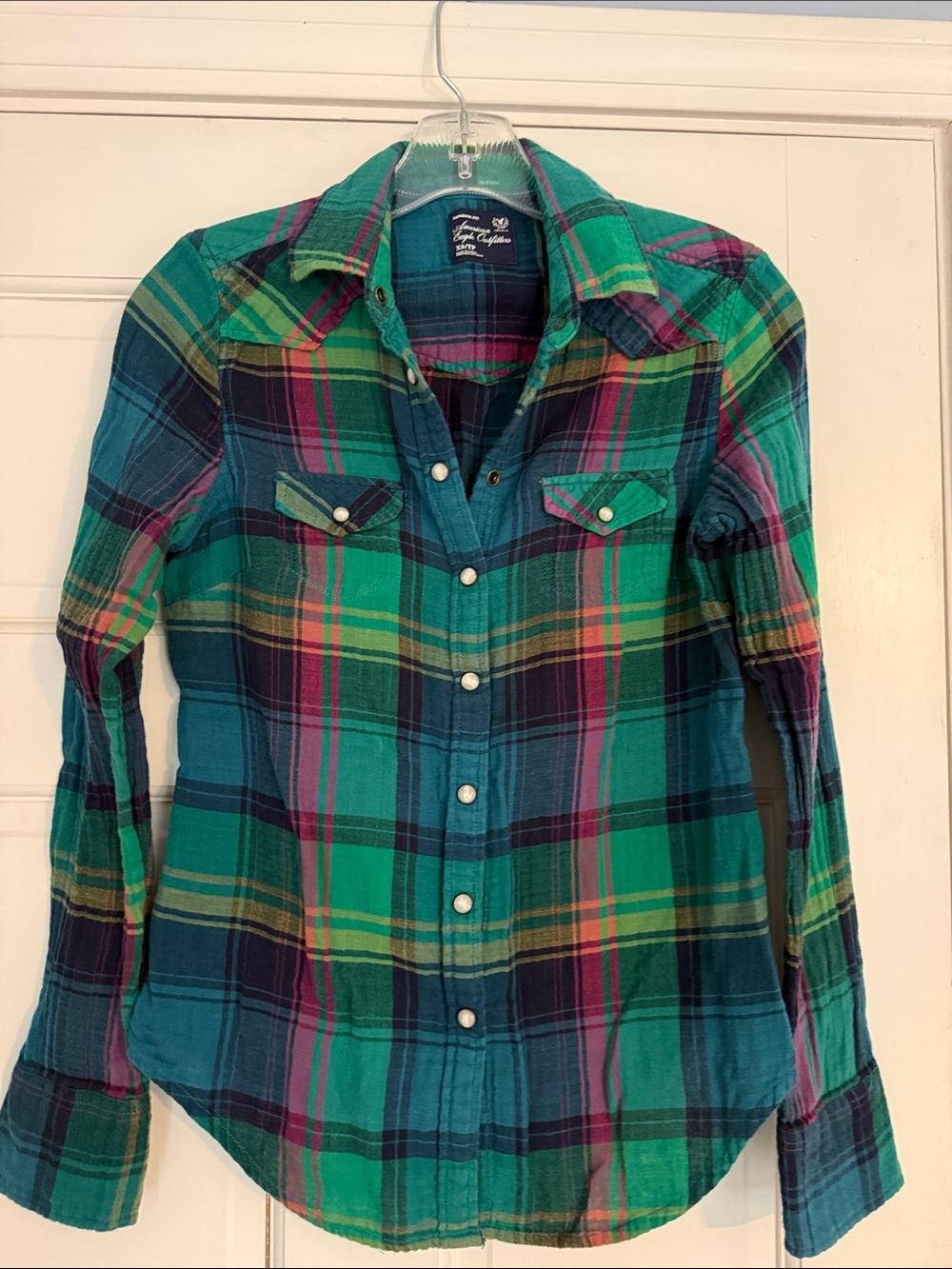 American Eagle Plaid Snap-Up Shirt in Teal, Green & Navy